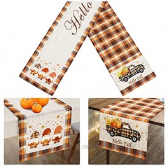 AerWo Fall Table Runner Double Sided Buffalo Check Table Runner Printed with Pumpkins Fall Leaves Gnomes Hello Fall for Outdoor Indoor Dinner Thanksgiving Party Fall Table Decor 72 x 13 Inch