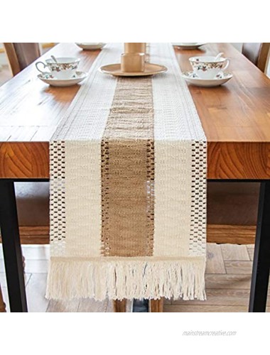 AerWo Macrame Table Runner Splicing Cotton and Burlap Table Runner Woven Table Runner Farmhouse Style with Tassels Boho Table Runner for Wedding Bridal Shower Home Dining Table Decor 12 x 108 Inch