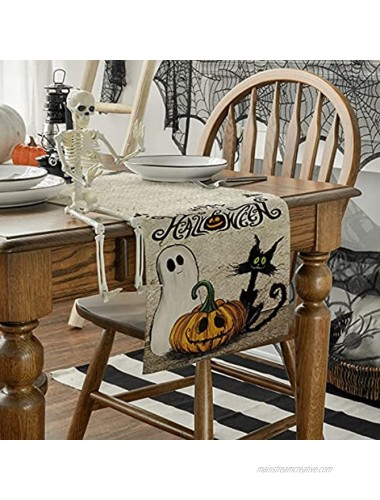 Artoid Mode Happy Halloween Jack-O-Lantern Ghost Black Cat Table Runner Holiday Kitchen Dining Table Decoration for Indoor Outdoor Home Party Decor 13 x 72 Inch