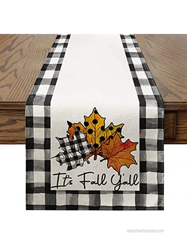 Artoid Mode It's Fall Y'all Maple Polka Dot Leaves Buffalo Plaid Table Runner Seasonal Autumn Harvest Vintage Kitchen Dining Table Decoration for Indoor Outdoor Home Party Decor 13 x 72 Inch