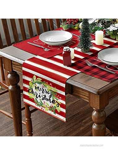 Artoid Mode Red Stripes Flower Wreath Merry Christmas Table Runner Seasonal Winter Xmas Holiday Kitchen Dining Table Decoration for Indoor Outdoor Home Party Decor 13 x 72 Inch