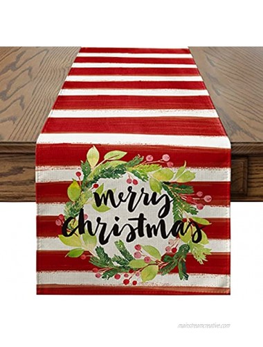 Artoid Mode Red Stripes Flower Wreath Merry Christmas Table Runner Seasonal Winter Xmas Holiday Kitchen Dining Table Decoration for Indoor Outdoor Home Party Decor 13 x 72 Inch