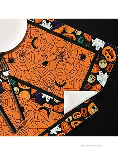 ASPMIZ Halloween Table Runner with Placemats Set Spooky Pumpkin Spider Table Runner with 4 Placemats and 4 Coasters Burlap Table Runner for Halloween Decorations and Dinner Parties,14 x 72 Inches