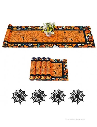 ASPMIZ Halloween Table Runner with Placemats Set Spooky Pumpkin Spider Table Runner with 4 Placemats and 4 Coasters Burlap Table Runner for Halloween Decorations and Dinner Parties,14 x 72 Inches
