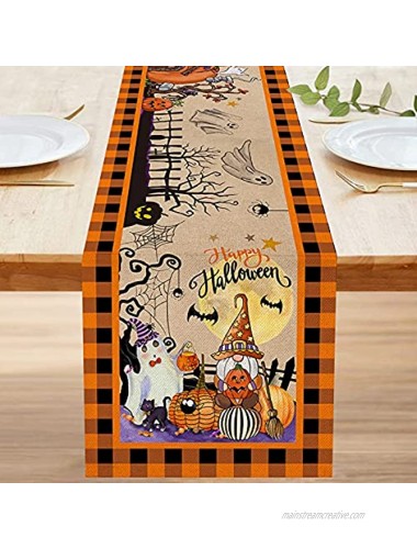 Bonsai Tree Halloween Table Runner 72 Inch Pumpkins Trick or Treat Burlap Table Runners Gnomes Spooky Witch Buffalo Plaid Holiday Small Dresser Scarves Table Cloth Decor for Home Dining Room Party