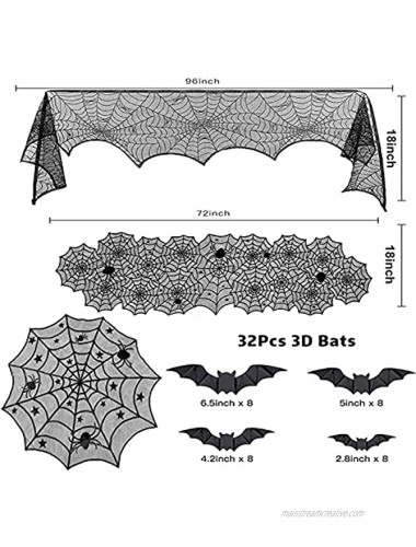 Borogo 35 Pieces Halloween Decorations Set Include Lace Spider Web Table Runner Round Lace Table Cover Fireplace Mantel Scarf and 32 Pieces 3D Bats Wall Sticker Decal