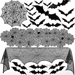 Borogo 35 Pieces Halloween Decorations Set Include Lace Spider Web Table Runner Round Lace Table Cover Fireplace Mantel Scarf and 32 Pieces 3D Bats Wall Sticker Decal