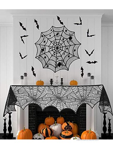 Deloky 28 Packs Halloween Lace Decorations Set -Halloween Fireplace Mantel Scarf Round Lace Table Cover Lace Spider Web Table Runner Halloween Lamp Shades and 3D Bat Wall Stickers for Halloween Pa