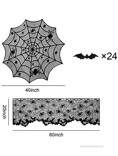 Deloky 28 Packs Halloween Lace Decorations Set -Halloween Fireplace Mantel Scarf Round Lace Table Cover Lace Spider Web Table Runner Halloween Lamp Shades and 3D Bat Wall Stickers for Halloween Pa