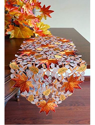GRANDDECO Thanksgiving Harvest Table Runner 13x34 Embroidered Cutwork Maple Leaves Dresser Scarf Table Cover for Home Kitchen Fall Harvest,Autumn Decoration