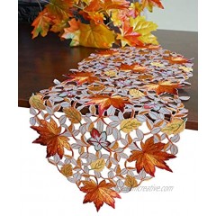 GRANDDECO Thanksgiving Harvest Table Runner 13x34 Embroidered Cutwork Maple Leaves Dresser Scarf Table Cover for Home Kitchen Fall Harvest,Autumn Decoration