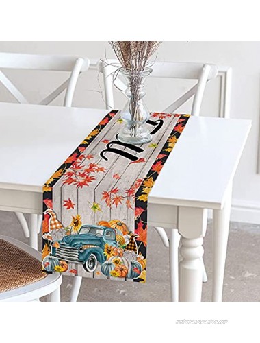 Hexagram Hello Fall Table Runner Autumn Harvest Pumpkin Patch Table Scarf Home Kitchen Decor Fall Gnomes Vintage Truck Thanksgiving Tabletop Decoration 13 x 72 Inch Maple Leaves Long Fall Table Line