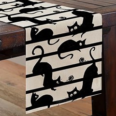 LEEORY Table Runner Halloween Cat Black Stripes 13x72 Inches Farmhouse Vintage Theme Gathering Holiday Indoor Outdoor Dinner Party Decor LA005