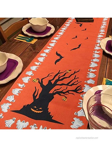 OurWarm Halloween Table Runner Linen Bats Table Cover Pumpkin and Ghost Table Runner for Halloween Table Decorations and Scary Movie Nights 16 × 74 Inch