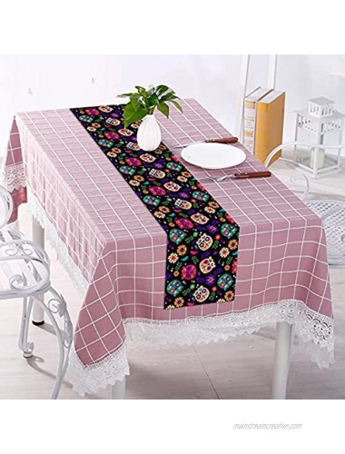 Pudodo Linen Day of The Dead Table Runner Dia De Los Muertos Sugar Skull Mexico Fireplace Kitchen Dining Room Home Decoration