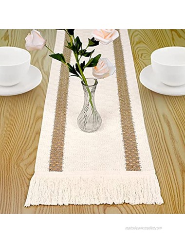Senneny Macrame Table Runner Cream Beige Boho Table Runner with Tassels Hand Woven Cotton and Burlap Splicing Table Runner Rustic Farmhouse Table Runner for Bohemian Fall Kitchen Dining Table