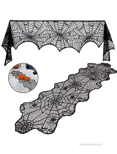 UMARDOO Halloween Fireplace Decorations,Fireplace Mantle Scarf Cover and Table Cloth,Black Lace Spider Web for Table,Door,Window and Fireplace Decoration
