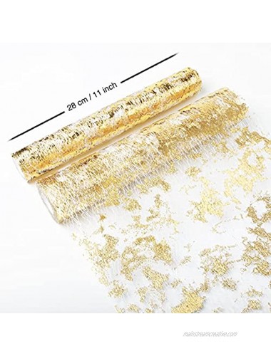 WELTRXE Gold Table Runner Glitter Metallic Gold Thin Mesh Table Runner Roll 11 Inch x 16 Feet Event Party Supplies Fabric Table Decorations for Wedding Bridal Shower Baby Shower Birthday Party