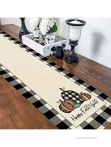 WHOMEAF Happy Fall Y'all Burlap Table Runner,Buffalo Check Plaid Pumpkin Farmhouse Double Sided Dining Table Runners for Home Party 13 x 72 Inches Long