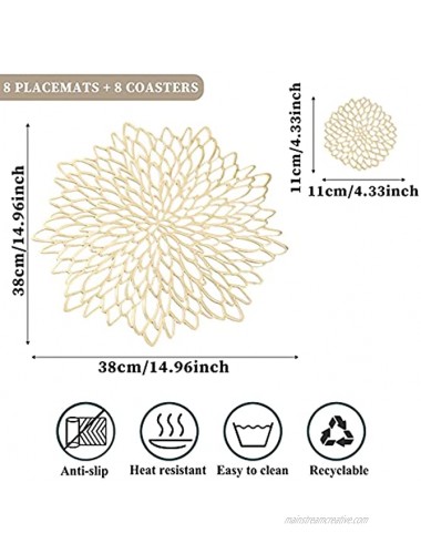 16PCS Pressed Vinyl Metallic Placemats and Coaster Sets,Round Wedding Dining Table Mats Kitchen Decor Placemats Leaf Gold Leaf PVC Table Place Mats,Outdoor Indoor Dinner Table Placemats