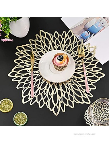 16PCS Pressed Vinyl Metallic Placemats and Coaster Sets,Round Wedding Dining Table Mats Kitchen Decor Placemats Leaf Gold Leaf PVC Table Place Mats,Outdoor Indoor Dinner Table Placemats