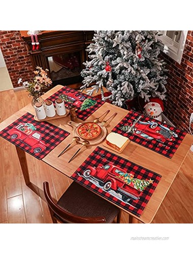 4 Pieces Merry Christmas Red Buffalo Plaid Placemat Table Mat Farmhouse Red Truck Place Mats Christmas Tree Placemat Country Holiday Truck Tree Table Decoration for Christmas Party 12 x 18 Inch