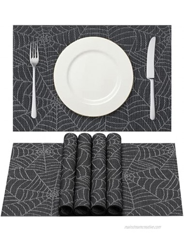 AHHFSMEI Placemats for Dining Table Set of 6 Woven Vinyl Plastic Place Mats Non-Slip Heat Insulation Stain Resistant Table Mats Washable Easy Clean Placemats for Halloween DecorationsGrey Cobweb
