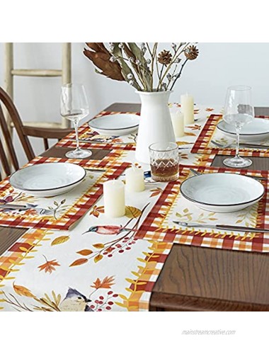 Artoid Mode Buffalo Plaid Birds Maple Leaves Orange White Placemat for Dining Table 12 x 18 Inch Fall Autumn Harvest Holiday Rustic Vintage Thanksgiving Halloween Washable Table Mats Set of 4