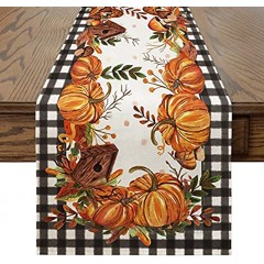 Artoid Mode Buffalo Plaid Pumpkins Mushrooms Birdhouse Leaves Table Runner Seasonal Fall Harvest Vintage Kitchen Dining Table Decoration for Indoor Outdoor Home Party Decor 13 x 72 Inch