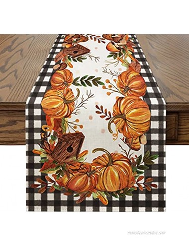Artoid Mode Buffalo Plaid Pumpkins Mushrooms Birdhouse Leaves Table Runner Seasonal Fall Harvest Vintage Kitchen Dining Table Decoration for Indoor Outdoor Home Party Decor 13 x 72 Inch