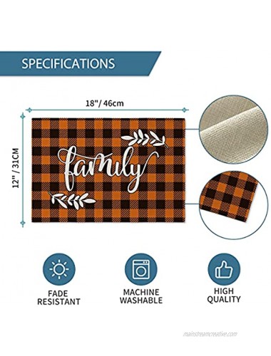 Artoid Mode Family Together Love Home Buffalo Plaid Placemat for Dining Table 12 x 18 Inch Fall Autumn Harvest Holiday Rustic Vintage Thanksgiving Washable Table Mats Set of 4