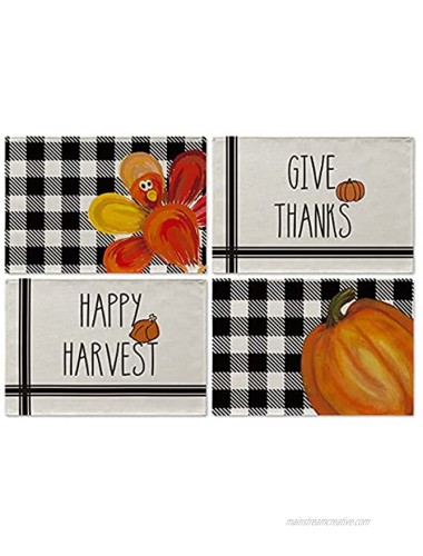 Artoid Mode Happy Harvest Buffalo Plaid Thanksgiving Placemats for Dining Table 12 x 18 Inch Seasonal Fall Turkey Pumpkins Holiday Rustic Vintage Washable Table Mats Set of 4