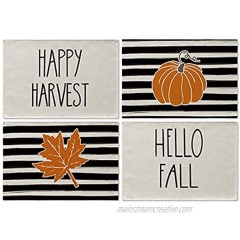 Artoid Mode Happy Harvest Hello Fall Pumpkin Maple Leaves Strips Placemats for Dining Table 12 x 18 Inch Autumn Holiday Rustic Vintage Thanksgiving Washable Table Mat Set of 4