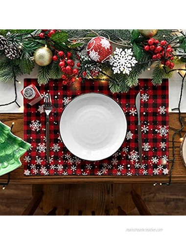 Artoid Mode Red and Black Buffalo Plaid Christmas Placemats for Dining Table 12 x 18 Inch Seasonal Winter Xmas Snowflakes Holiday Rustic Vintage Thanksgiving Washable Table Mats Set of 4