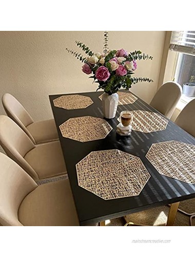 Cedilis 8 Pack Gold Vinyl Placemats Hollow-Out Octagonal Kitchen Table Mats Non-Slip Washable Heat Resistance Placemat for Christmas Dining Table