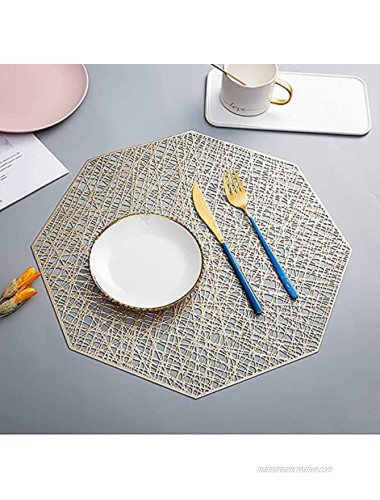 Cedilis 8 Pack Gold Vinyl Placemats Hollow-Out Octagonal Kitchen Table Mats Non-Slip Washable Heat Resistance Placemat for Christmas Dining Table