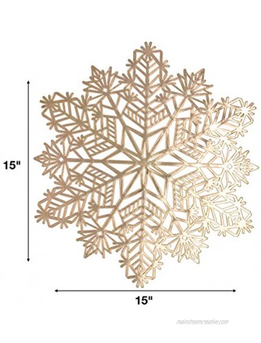 Christmas Snowflake Place Mats Set of 4 Gold Metallic Festive Vinyl Table Mat Washable for Holiday Dinner Table Top Doilies Decorations 15” Diameter Hollow Out Non-Slip for Decor Wedding Accent