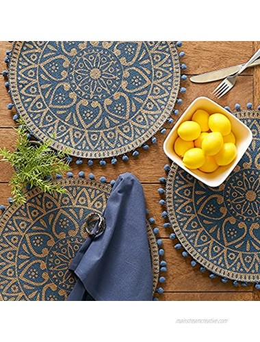 DII Woven Tabletop Collection Natural Jute Placemat Set 15 Round French Blue Block Print 6 Piece