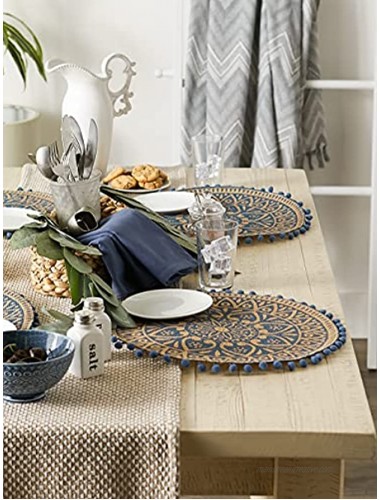 DII Woven Tabletop Collection Natural Jute Placemat Set 15 Round French Blue Block Print 6 Piece