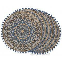 DII Woven Tabletop Collection Natural Jute Placemat Set 15" Round French Blue Block Print 6 Piece