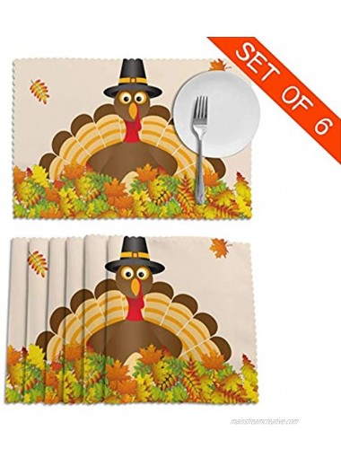 Fall Leaves Happy Thanksgiving Turkey Placemats Set of 6 Non-Slip Washable Table Place Mats for Kitchen Dining 12 X 18 Inch