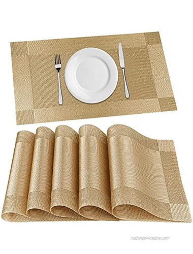 FGSAEOR Placemats Place Mats for Kitchen Dining Table Heat-Resistant StainAnti-Skid Washable PVC Table Mats Easy to Cleaning Woven Vinyl Dinner Mats Gold 6 Pack