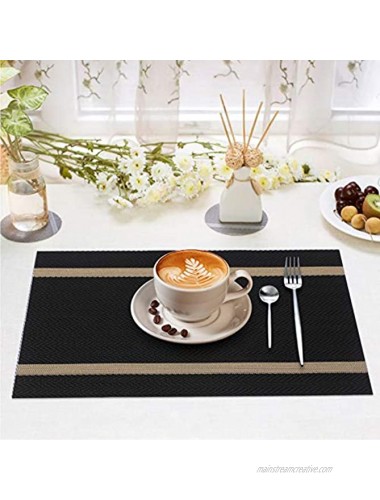 FYY Placemats Placemats for Dining Table Anti-Skid Heat-Resistant Washable PVC Table Mats Durable Stain Resistant Woven Vinyl Kitchen Table Mats Set of 6 Black