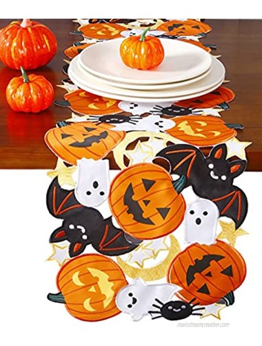 GRANDDECO Holiday Halloween Table Runner 13x36,Cutwork Applique Embroidered Pumpkins and Bats Dresser Scarf for Home Dining Autumn Thanksgiving Tabletop Decoration