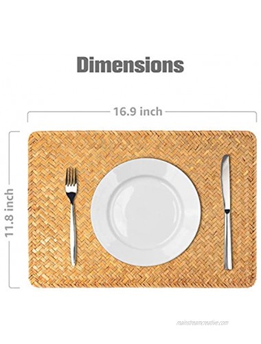 Hade 6pcs Natural Woven Rattan Rectangular Placemats for Dining Table and Kitchen Table Mat