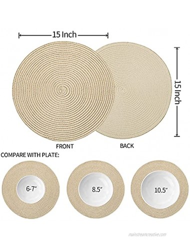 homing 15 Inch Round Place Mats Set of 4 for Dining Table – Woven Heat Resistant Washable Reversible Tan with Gold Placemat Easy to Clean