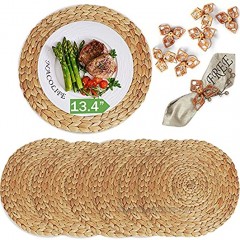 NACOLIFE 13.4" Woven Round Placemats for Dining Table Set of 6 -Extra Napkin Rings Seagrass Wicker Chargers
