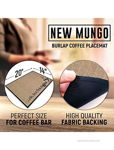 New Mungo Coffee Bar Mat Coffee Bar Accessories for Coffee Bar Decor Coffee Decor for Coffee Station Ok But First Coffee Mat Burlap Placemat with Fabric Backing 20”x14”