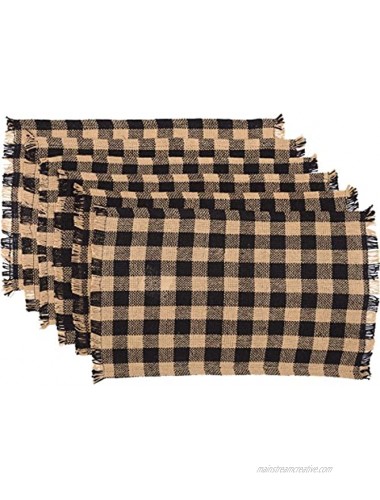 Pine Valley Quilts VHC Brands Burlap Black Check Placemat Fringed Set of 6 12x18 Country Rustic Kitchen Tabletop Design Black and Tan