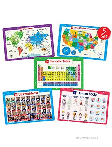 Simply Magic 5 Placemats for Kids Kids Placemats Non Slip Washable Reusable Children Placemats Educational Placemats: USA and World Maps Periodic Table US Presidents Plastic Placemats for Kids